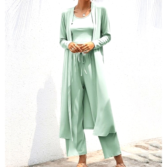 😘Mint Colored Open Cardigan 3 Piece Set pantsuit - Picture 2 of 9